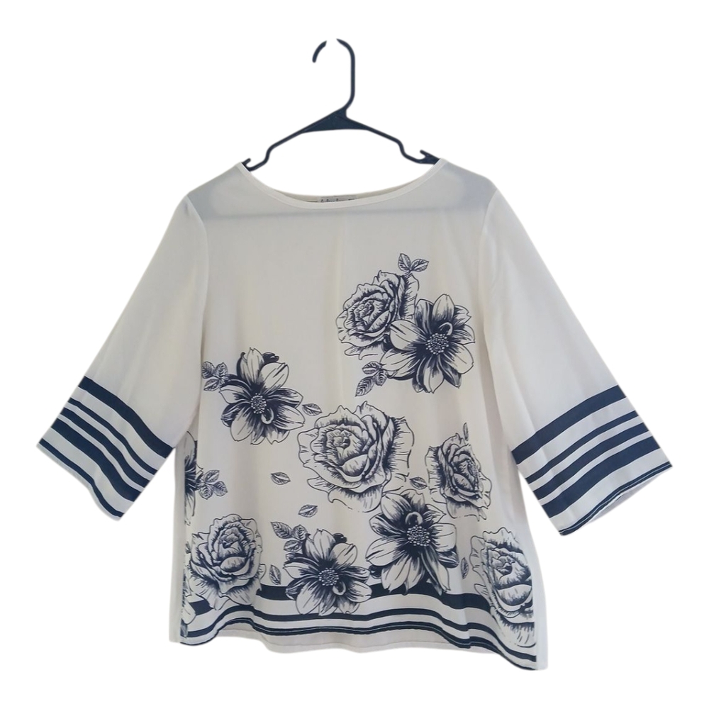 Elegant Floral Women's Blouse - White‎ and Black Sz 1XL